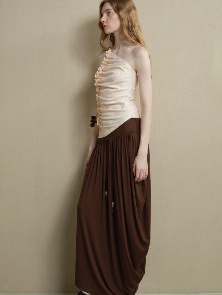 someone sometimes Soft Viscose Blend Slim Fit One Shoulder Beige Stretch Ruching Tank Tops