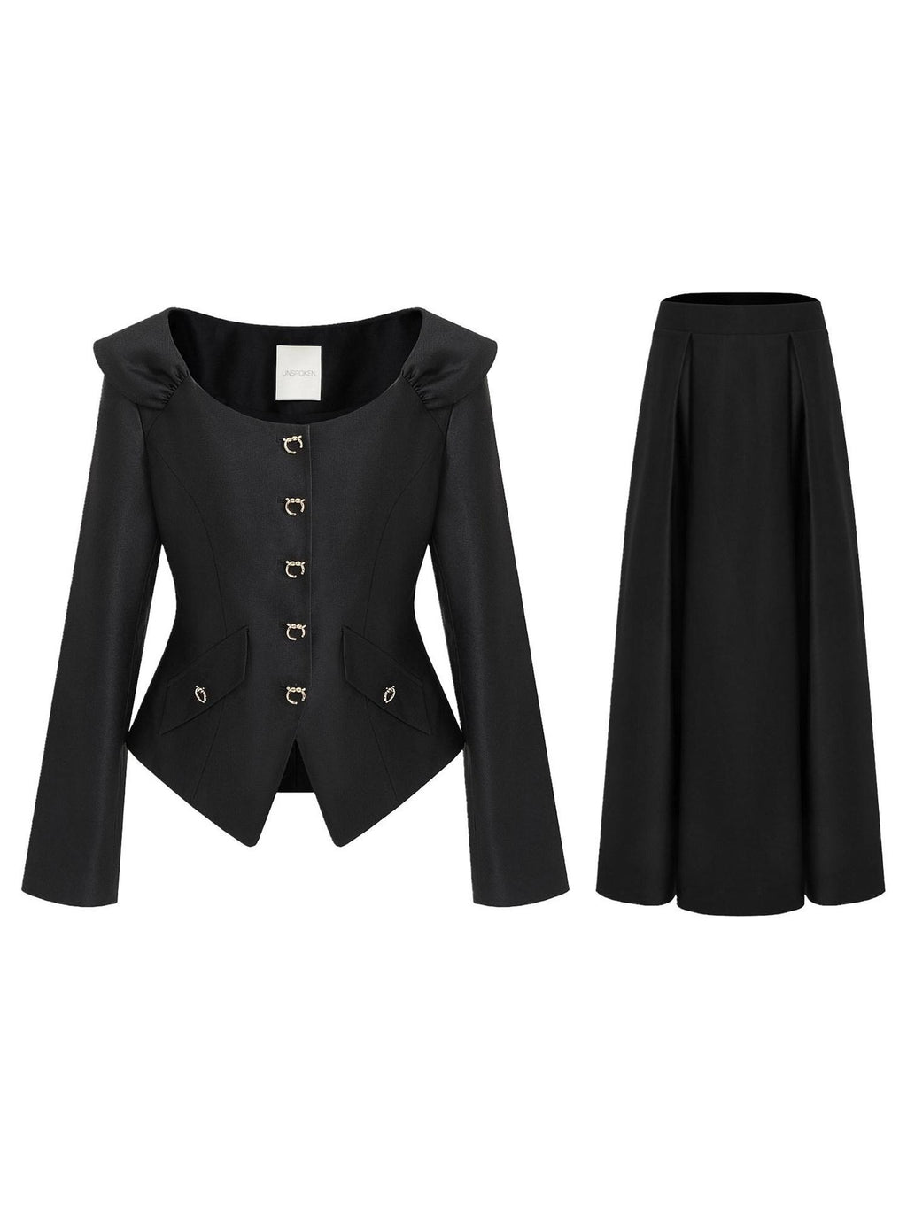 unspoken Slim Long Sleeve Square Neck Button Crop Top High Waist Black Top & Skirt Sets