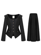 unspoken Slim Long Sleeve Square Neck Button Crop Top High Waist Black Top & Skirt Sets