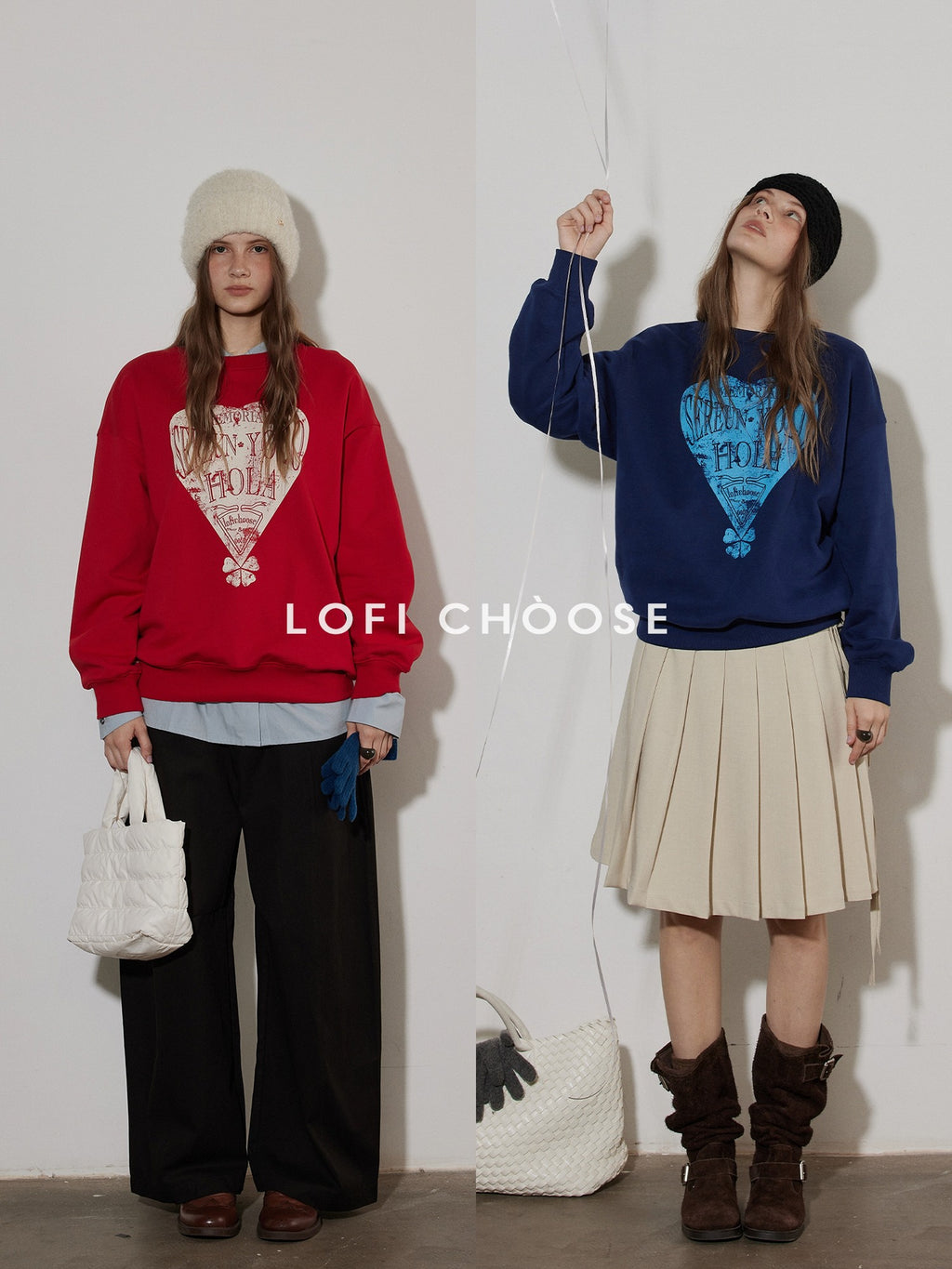 Lofi choose Fleece Lined Loose Fit Crewneck Pullover Commuter Red Navy Sweatshirt