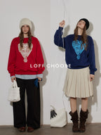 Lofi choose Fleece Lined Loose Fit Crewneck Pullover Commuter Red Navy Sweatshirt
