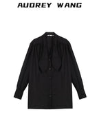 audreyyang Slimming Pleated Oversized Longline Button Long Sleeve Women Poly Cotton Blouses