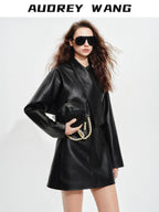 audreyyang Sheepskin Leather Cinched Waist French Tie Neck A Line Work Date Midi Dresses