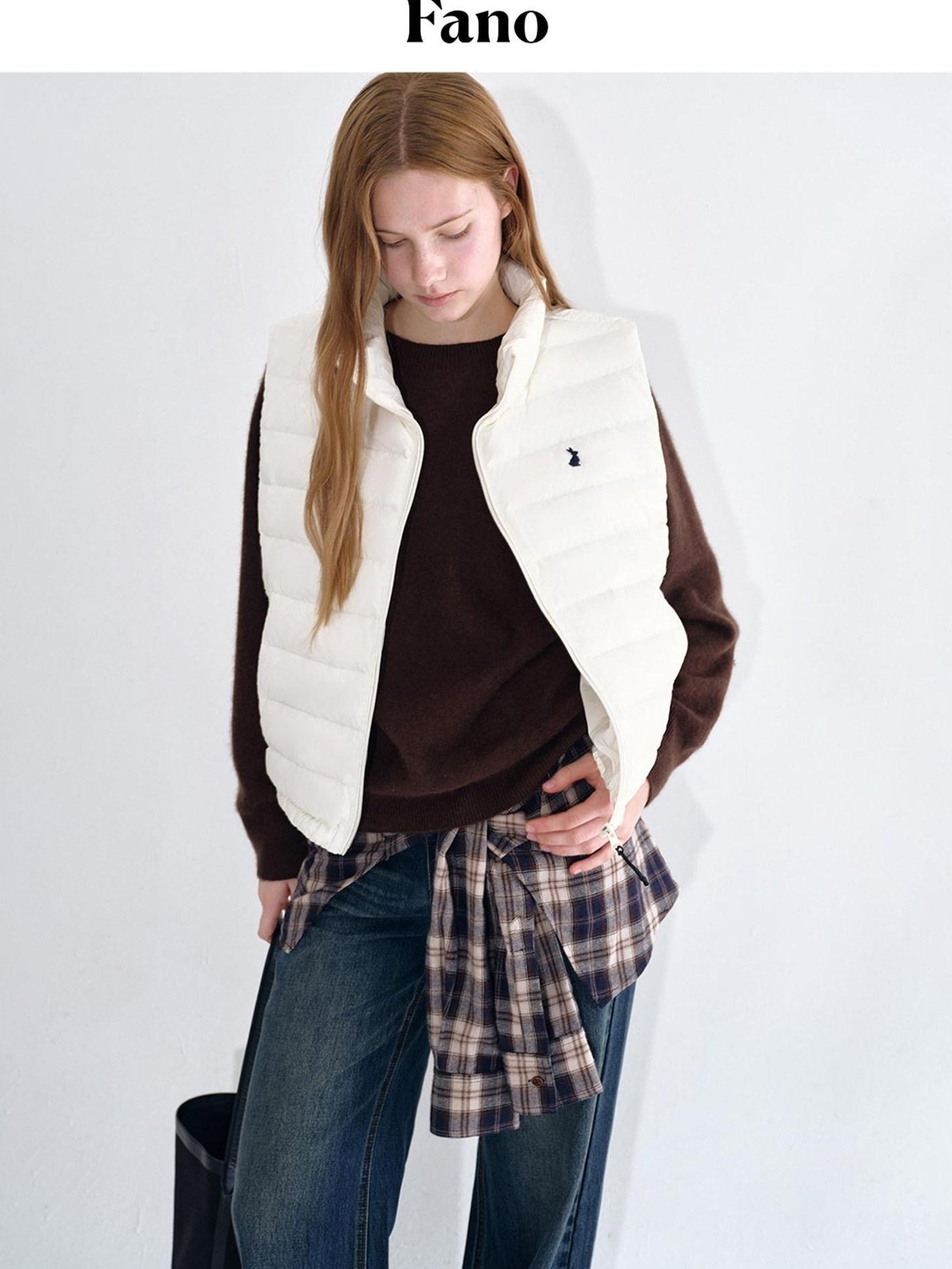 fano 90% White Duck Down Sleeveless Straight Stand Collar Zipper Beige Down Jackets