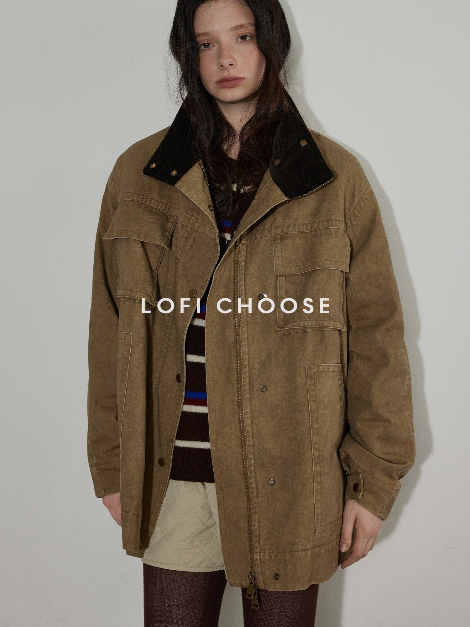 Lofi choose Warm Insulated Oversized Commuter Stand Collar Sand Brown Zip Puffer Jackets