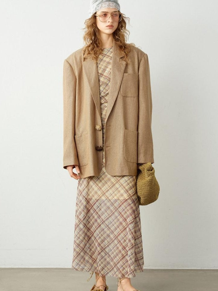 audreyyang Breathable Pure Linen Dot Loose Fit Notched Lapel Women Workwear Gold Blazers