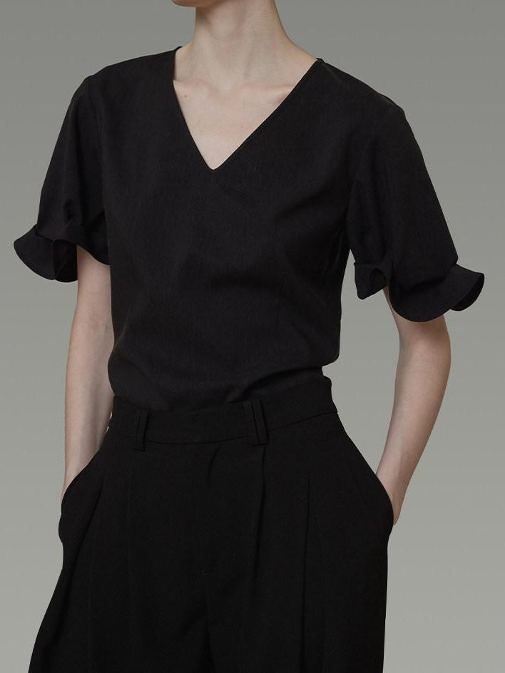 unspoken Breathable Lyocell Minimalist Office Loose V-neck Women Pullover Blouses