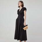 fano_Pleated_High_Waist_A_Line_V-neck_Flutter_Sleeves_100%_Cotton_Casual_Maxi_Dresses_MISSTT