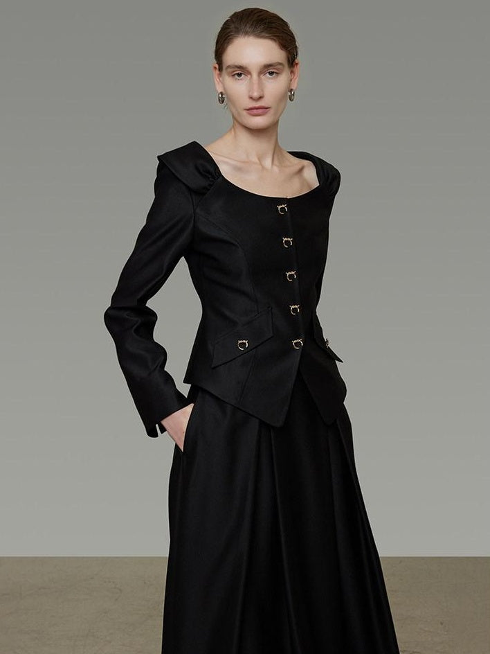 unspoken Slim Long Sleeve Square Neck Button Crop Top High Waist Black Top & Skirt Sets