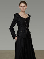 unspoken Slim Long Sleeve Square Neck Button Crop Top High Waist Black Top & Skirt Sets