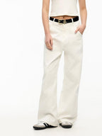 ikyou Durable Brushed Denim Natural Waist Loose Women Casual White Wide Leg Jeans
