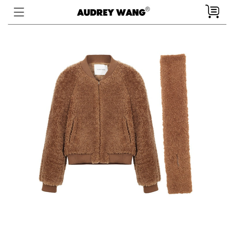 audreyyang_Lambswool_Trim_Stand_Collar_Straight_Short_Zip_Women_Casual_Bomber_Jackets_MISSTT