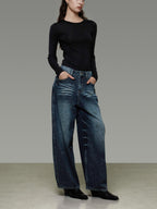 unspoken Washed High Waist Durable Workwear Vintage Blue Button Fly Rigid Wide Leg Jeans
