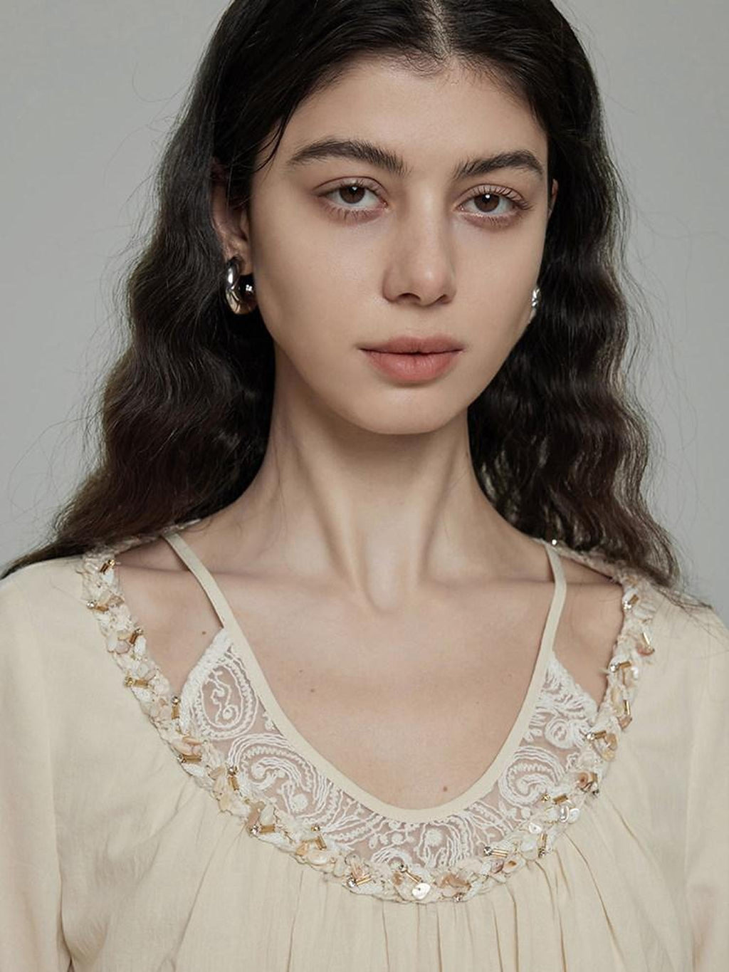 unspoken Durable 100% Cotton Original Relaxed Round Neck Women Beige Solid Blouses