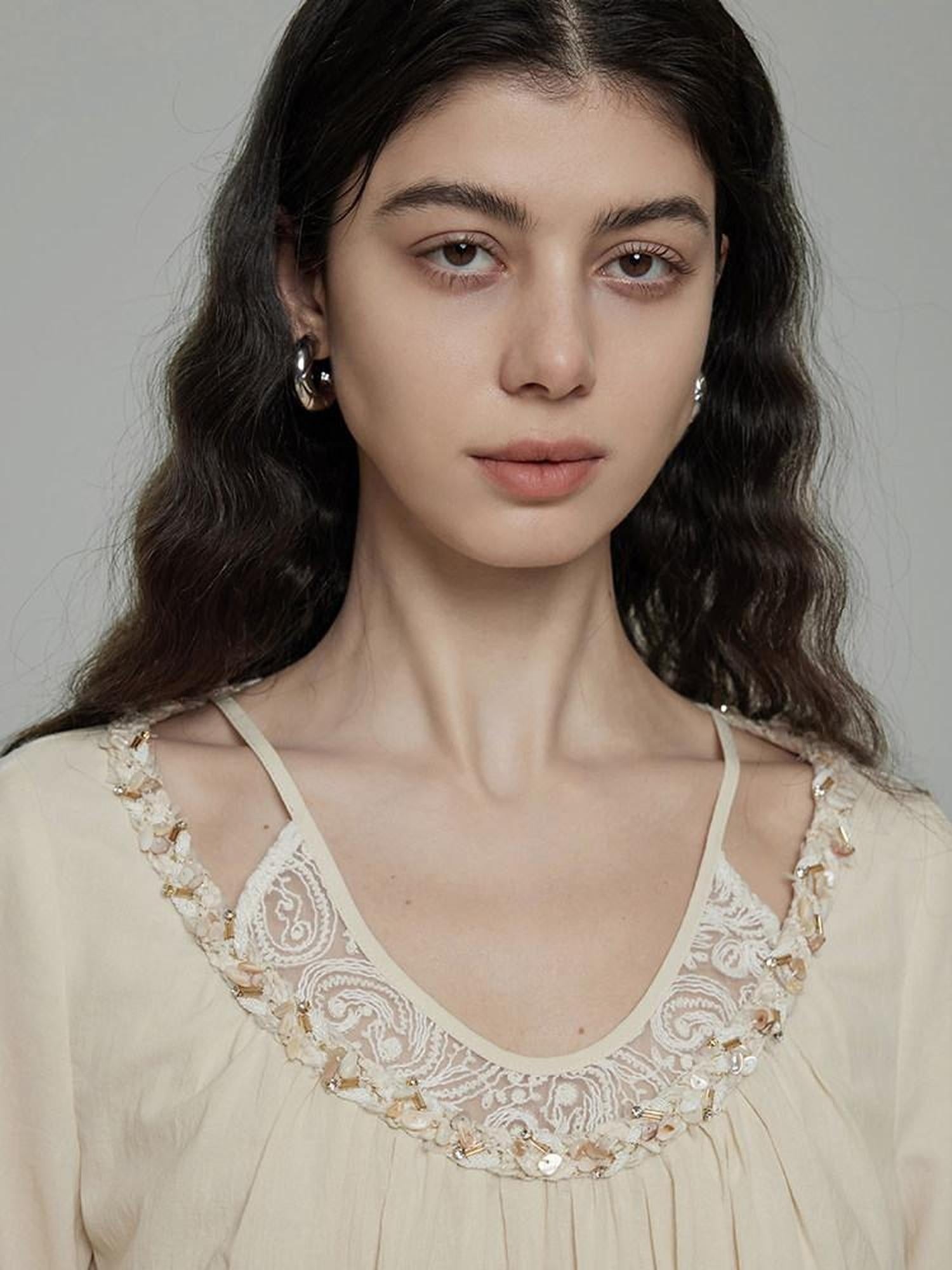 unspoken Durable 100% Cotton Original Relaxed Round Neck Women Beige Solid Blouses