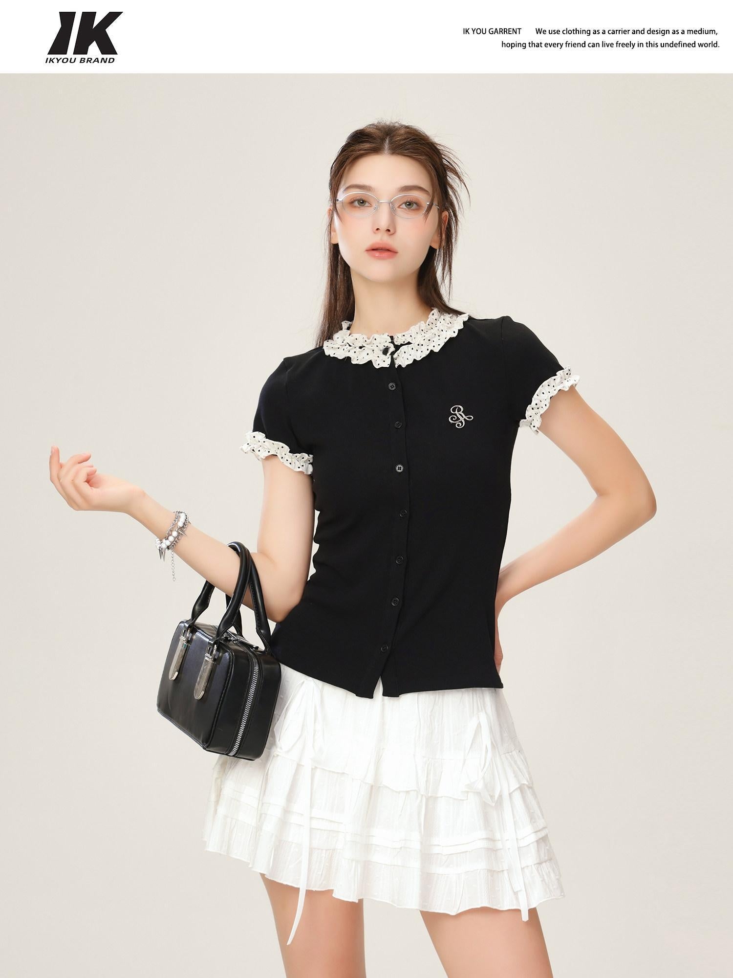 ikyou Cotton Stretch Slim Polka Dot Ruffle Women Short Sleeve Buttoned Knit Cardigans