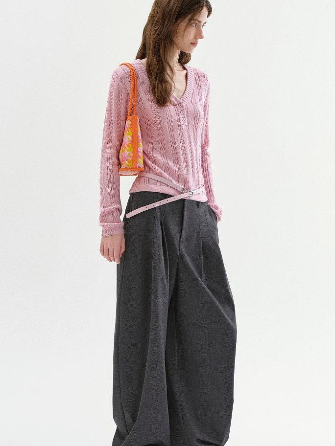 fano Soft Bubblegum Pink Slim Korean V-neck Long Sleeve Women Acrylic Sweaters