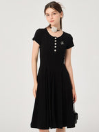 ikyou Soft Stretch Cotton Cinched Waist A Line U Neck Short Sleeve Black Maxi Dresses