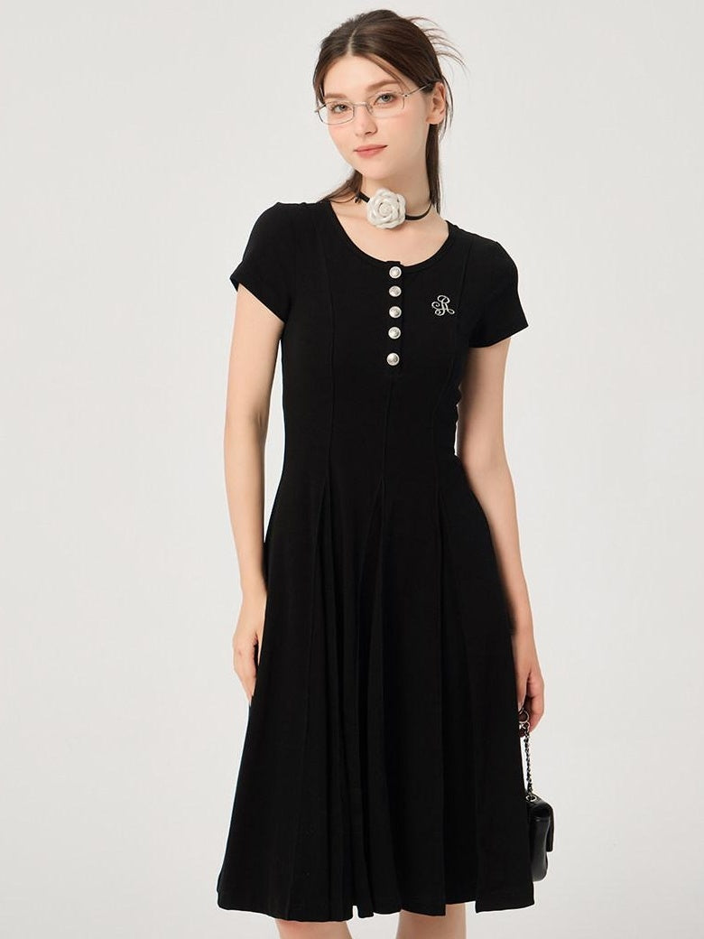 ikyou Soft Stretch Cotton Cinched Waist A Line U Neck Short Sleeve Black Maxi Dresses