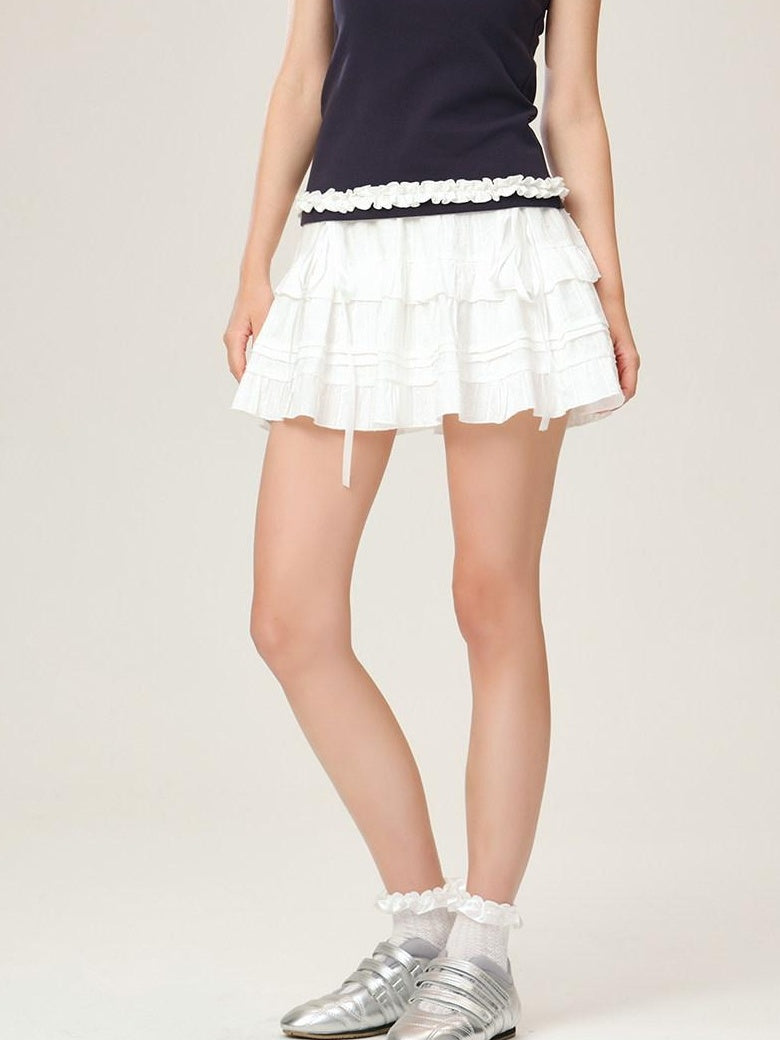 ikyou Soft Cotton Jacquard Lined A Line Puff Skirt Bow Lace Women Daily Mini Skirts