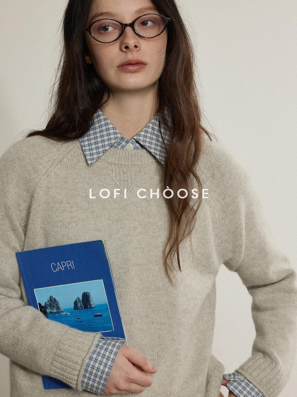 Lofi choose Wool Blend Loose Fit Rolled Hem Commuter Crew Neck Women Light Grey Sweaters