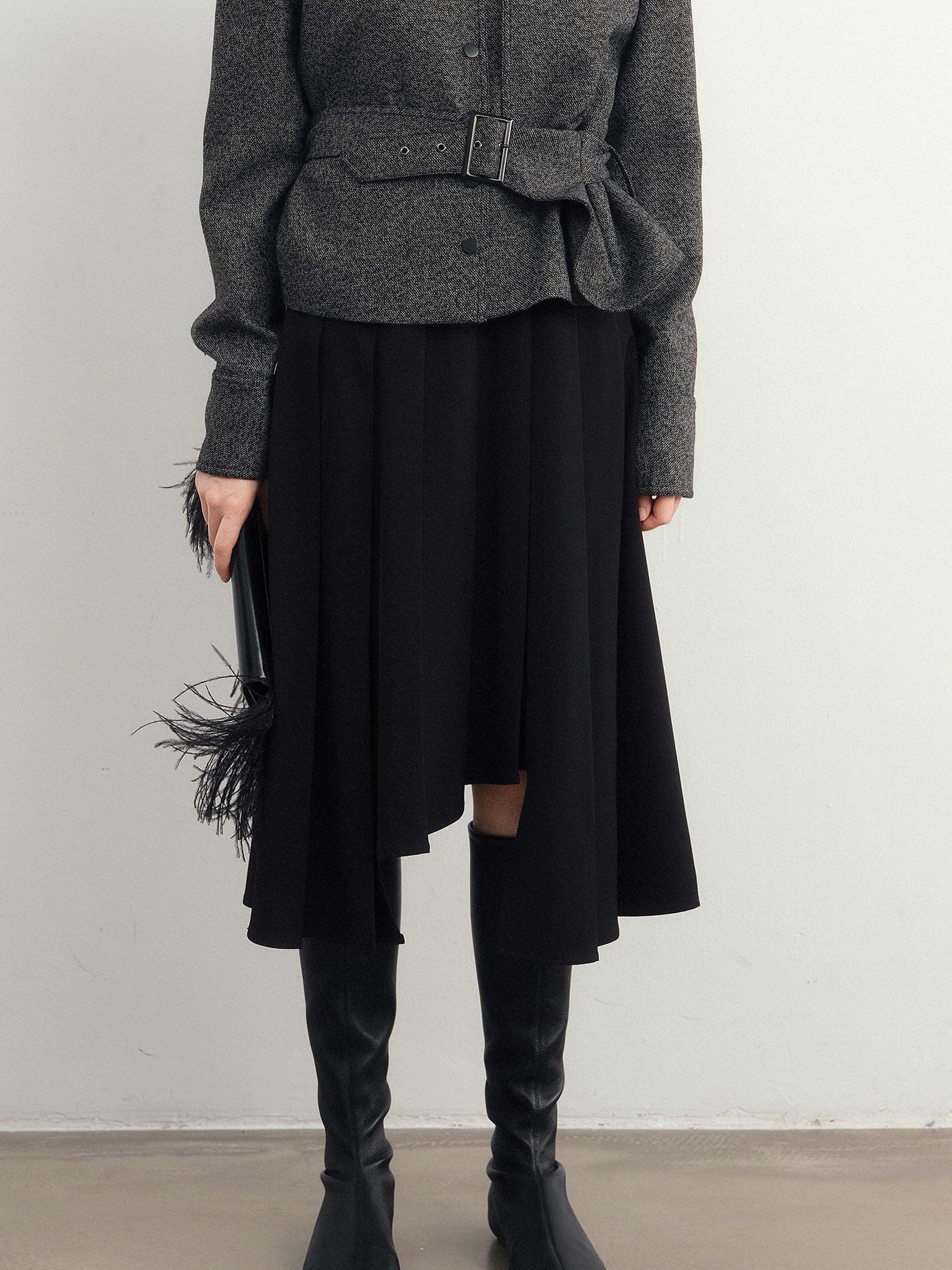 audreyyang Hand Pleated Lined Asymmetrical A Line Mid Waist Polyester Blend Midi Skirts