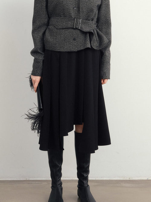 audreyyang Hand Pleated Lined Asymmetrical A Line Mid Waist Polyester Blend Midi Skirts