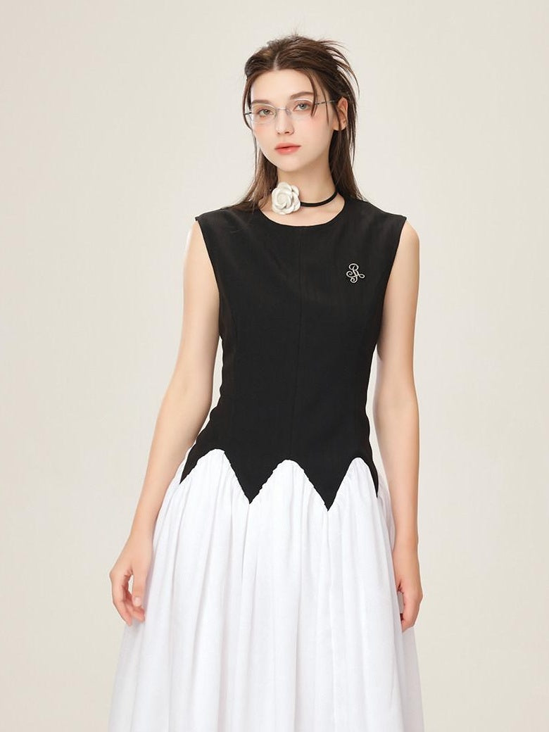 ikyou Office Minimal 3D Detail A Line Sleeveless Round Neck Black White Maxi Dresses