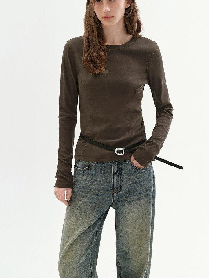 fano Lyocell Blend Slim Fit Minimal Commuter Crew Neck Women Long Sleeve T-Shirts