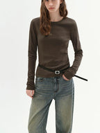 fano Lyocell Blend Slim Fit Minimal Commuter Crew Neck Women Long Sleeve T-Shirts