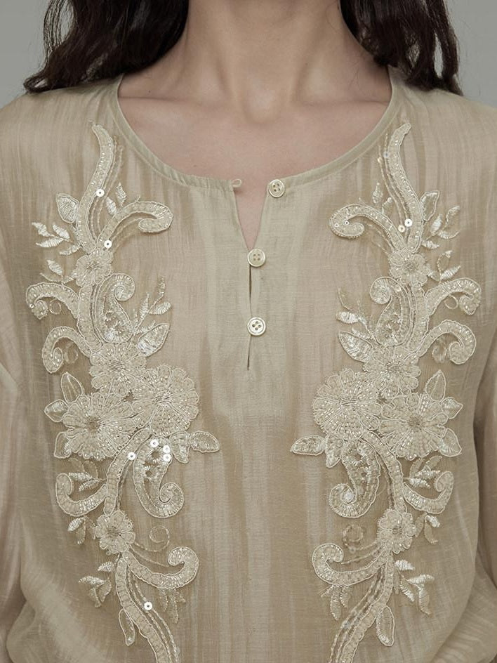 unspoken Breathable Lyocell Embroidered Vintage Loose Round Neck Women Almond Blouses