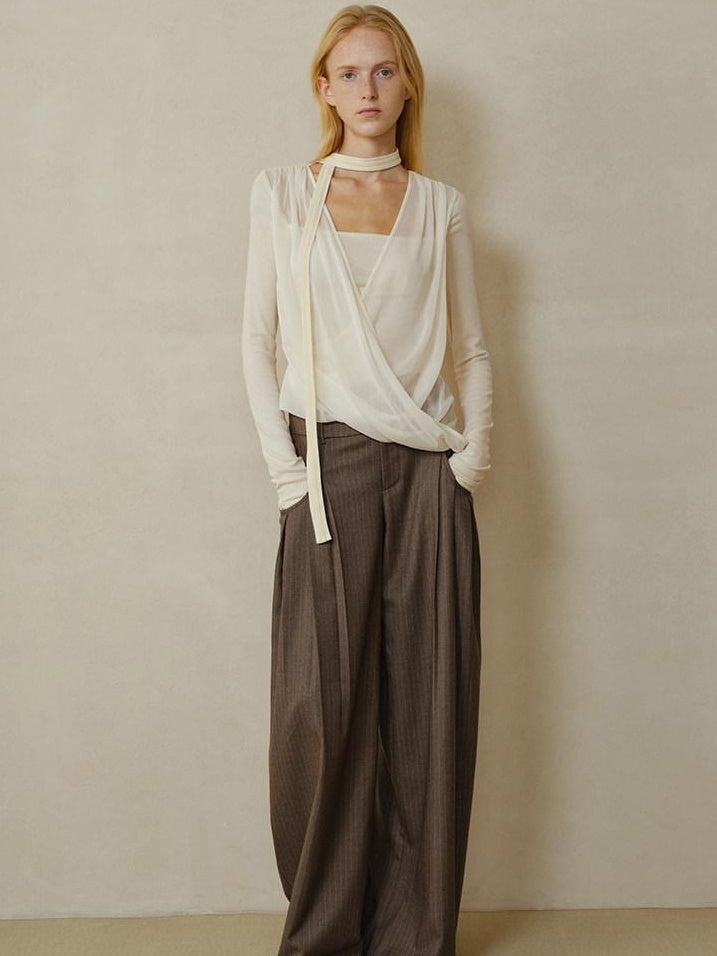 someonesometimes Shape Retaining Pleated Natural Waist Brown Striped Poly Stretch Wide Leg Pants
