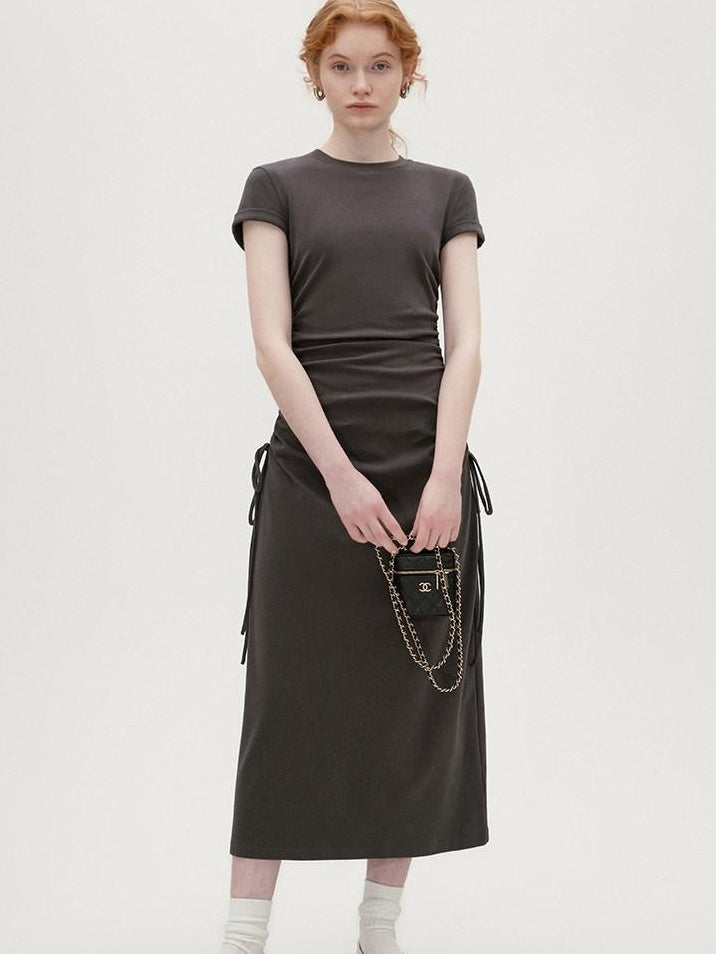 fano Soft Cotton Knit High Waist A Line Button Mock Neck Midi Dresses