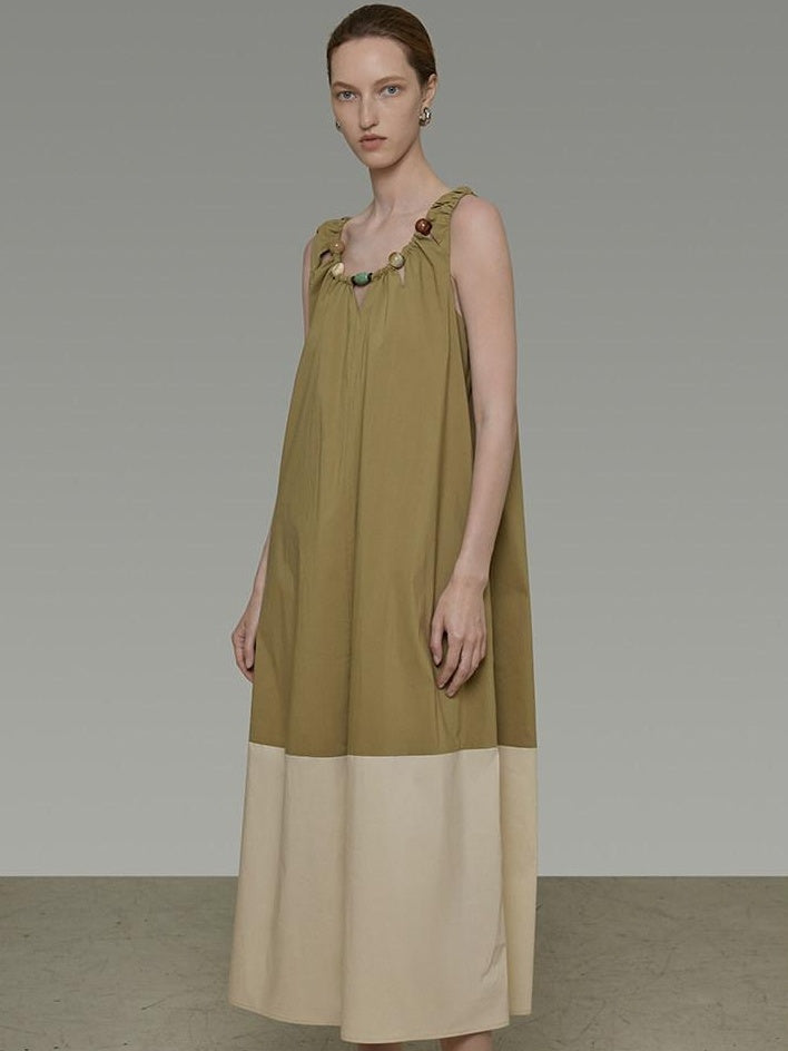 unspoken Khaki Beige Colorblock Sleeveless H Line Round Neck Loose Waist Maxi Dresses