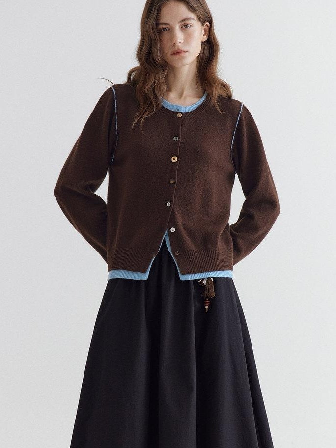 fano Pure Wool Commuter Regular Fit Roundneck Colorblock Women Brown Knit Cardigans
