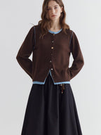 fano Pure Wool Commuter Regular Fit Roundneck Colorblock Women Brown Knit Cardigans
