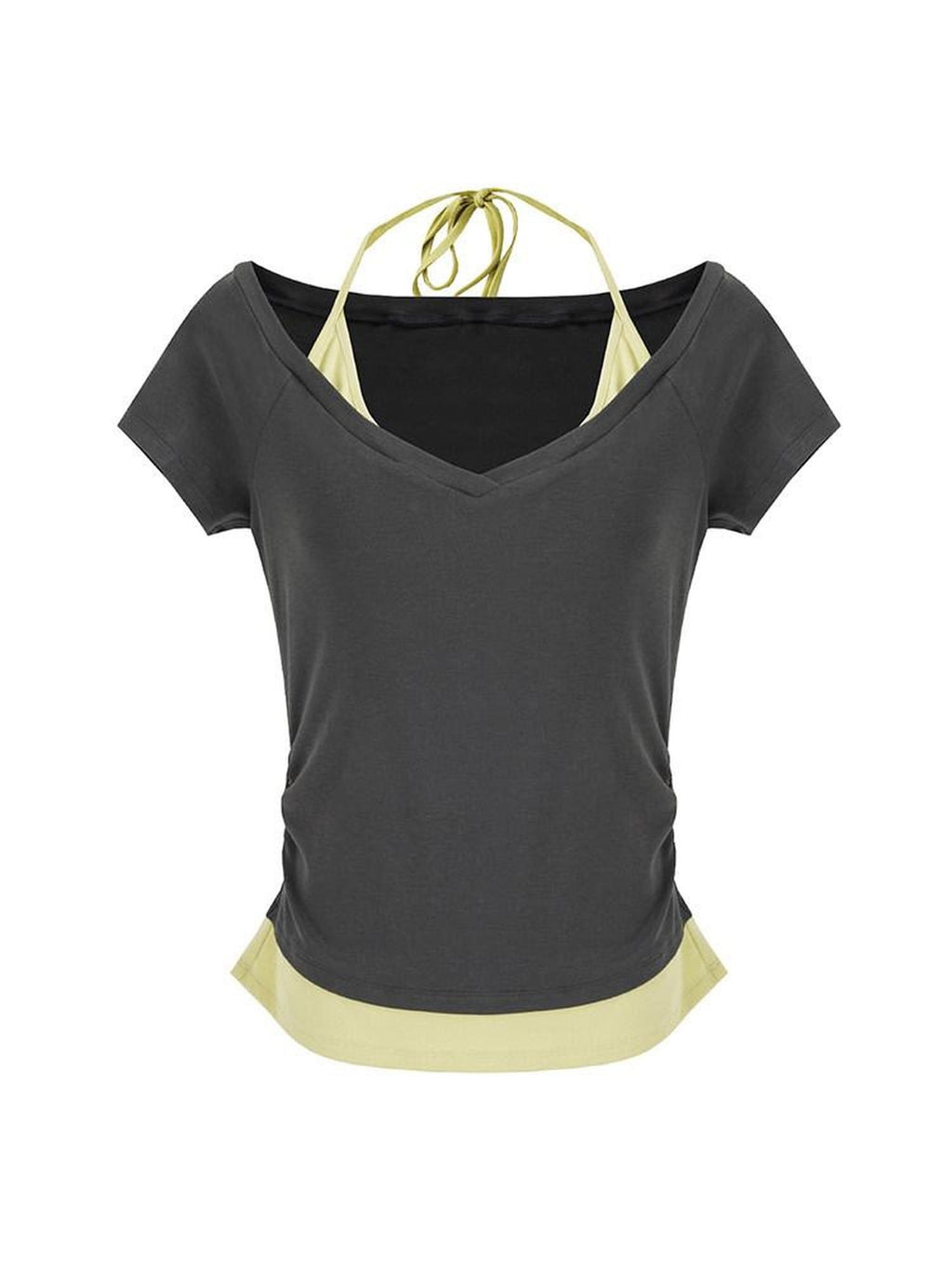 unspoken Moisture Wicking Lyocell Slim V-neck Patchwork Grey Green Halter Crop Tops