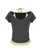 unspoken Moisture Wicking Lyocell Slim V-neck Patchwork Grey Green Halter Crop Tops