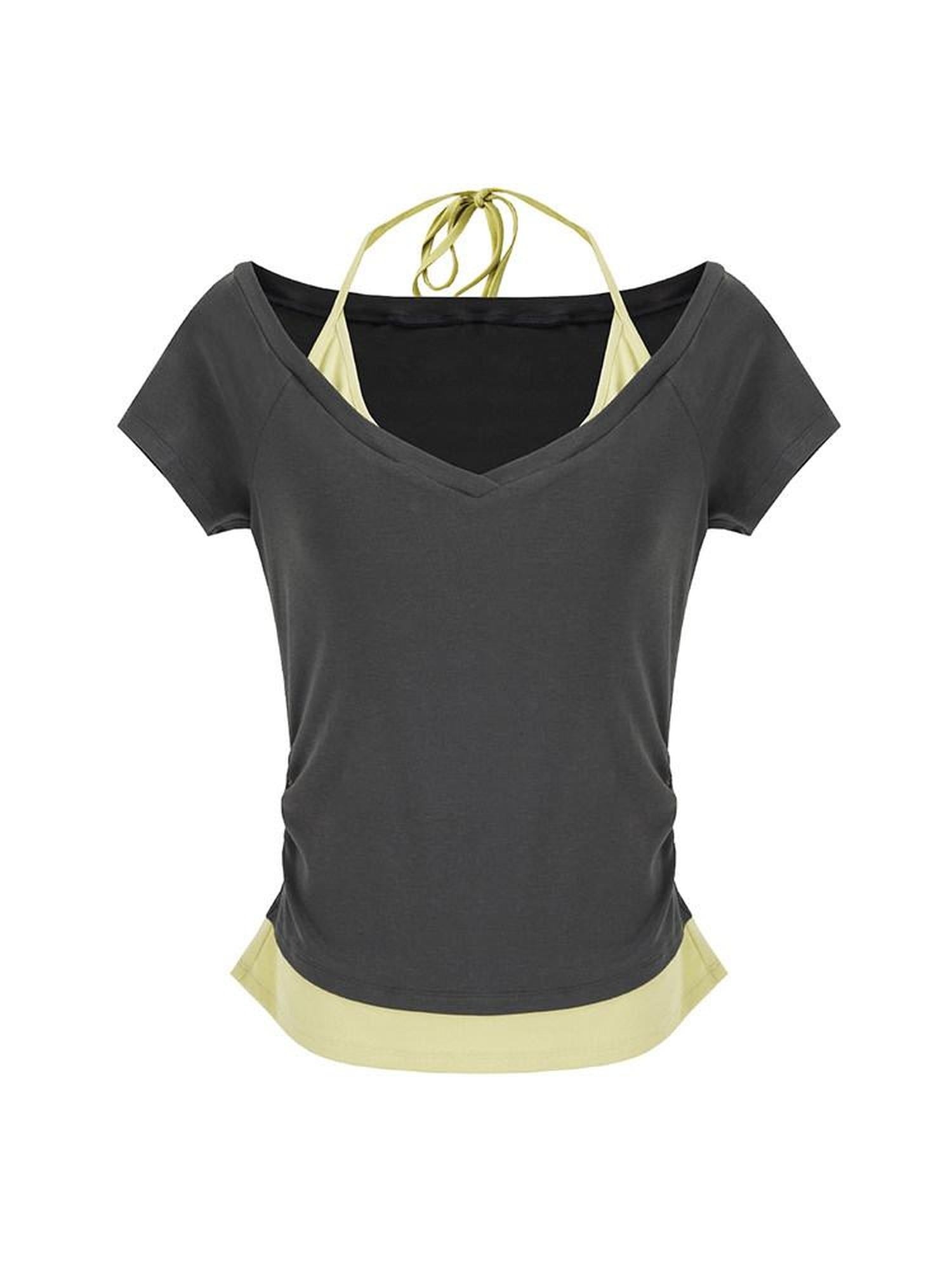 unspoken Moisture Wicking Lyocell Slim V-neck Patchwork Grey Green Halter Crop Tops