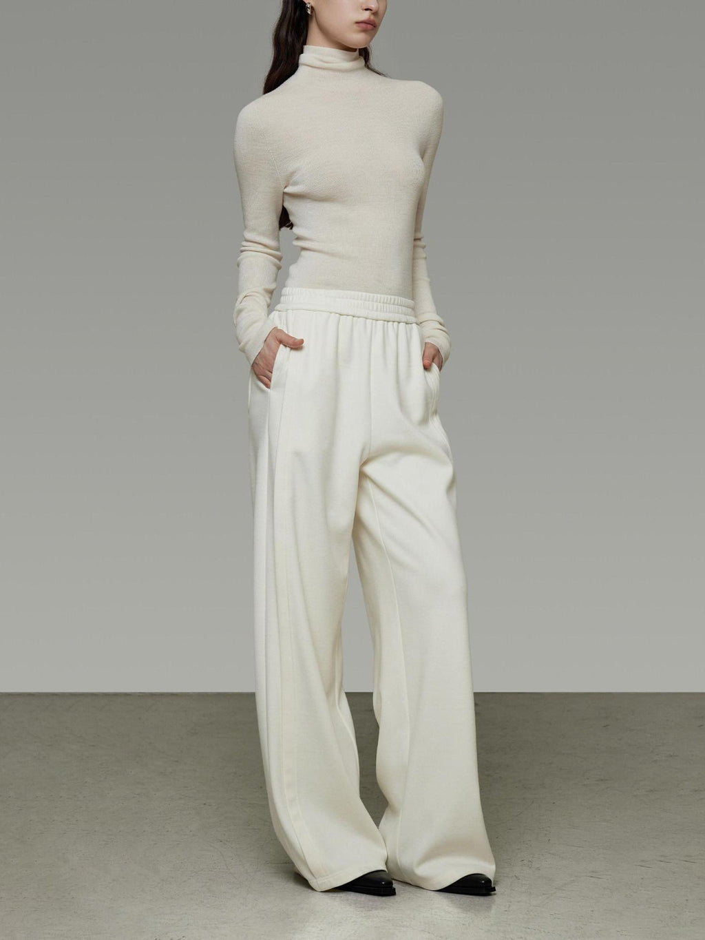 unspoken Comfort Elastic Natural Waist Minimal Solid White Polyester Blend Wide Leg Pants
