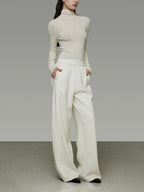 unspoken Comfort Elastic Natural Waist Minimal Solid White Polyester Blend Wide Leg Pants