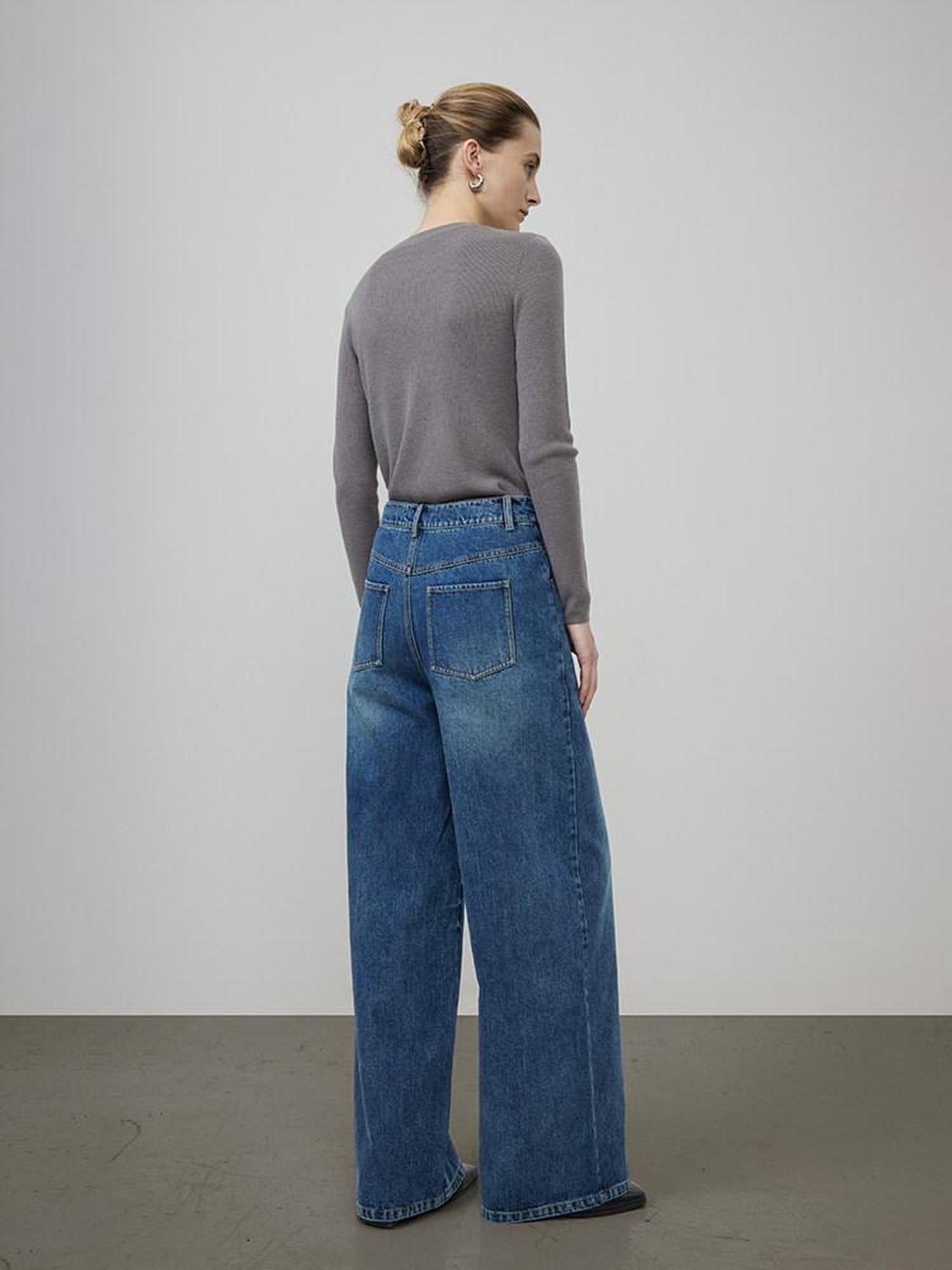 unspoken High Waist Washed Durable Denim Blue Loose Versatile Cotton Wide Leg Jeans