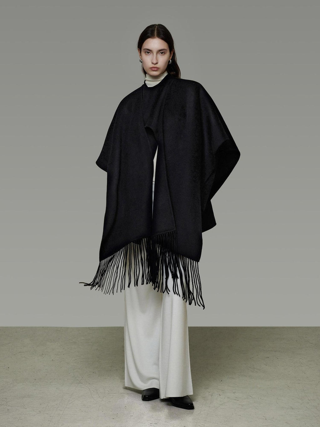 unspoken Pure Sheepswool Fringed Cape Commuter Women Structured Black Wool Coats