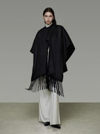 unspoken Pure Sheepswool Fringed Cape Commuter Women Structured Black Wool Coats