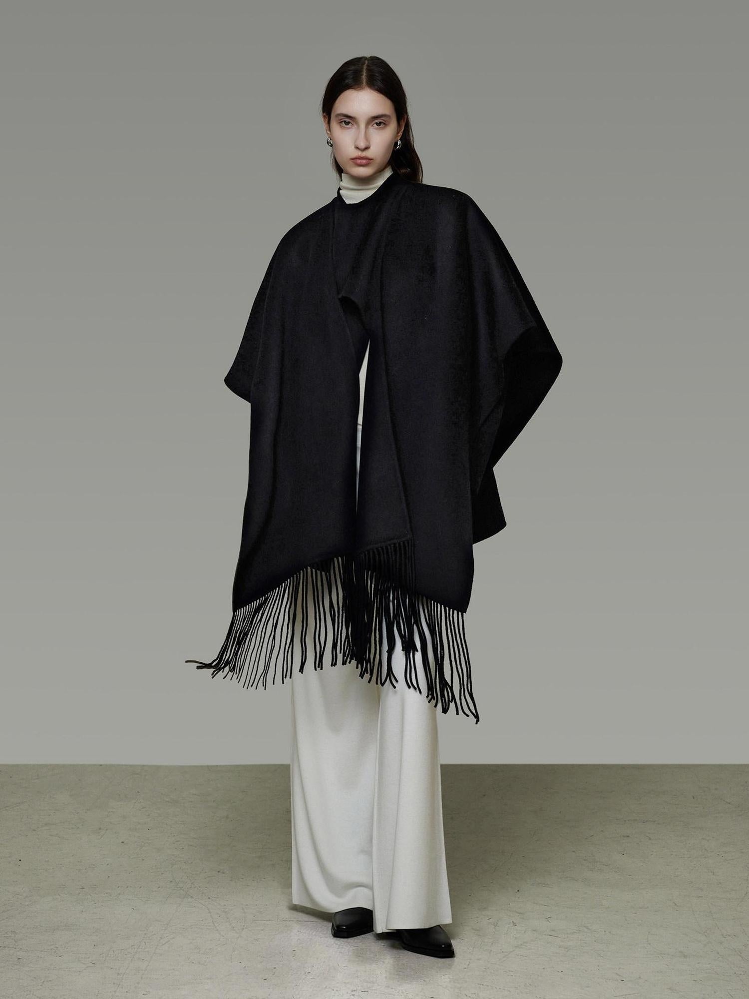 unspoken Pure Sheepswool Fringed Cape Commuter Women Structured Black Wool Coats