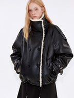 fano Warm Shearling High Collar Double Breasted Loose Fit Women Black Leather Jackets