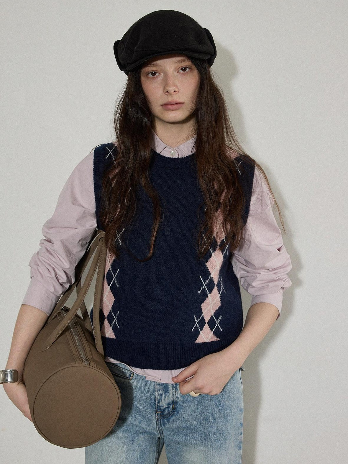 Lofi choose Cozy Colorblock Argyle Loose Fit Commuter Round Neck Women Navy Sweaters