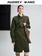 audreyyang Thick Cotton Cinched Waist Vintage Long Sleeve Army Green Top & Skirt Sets