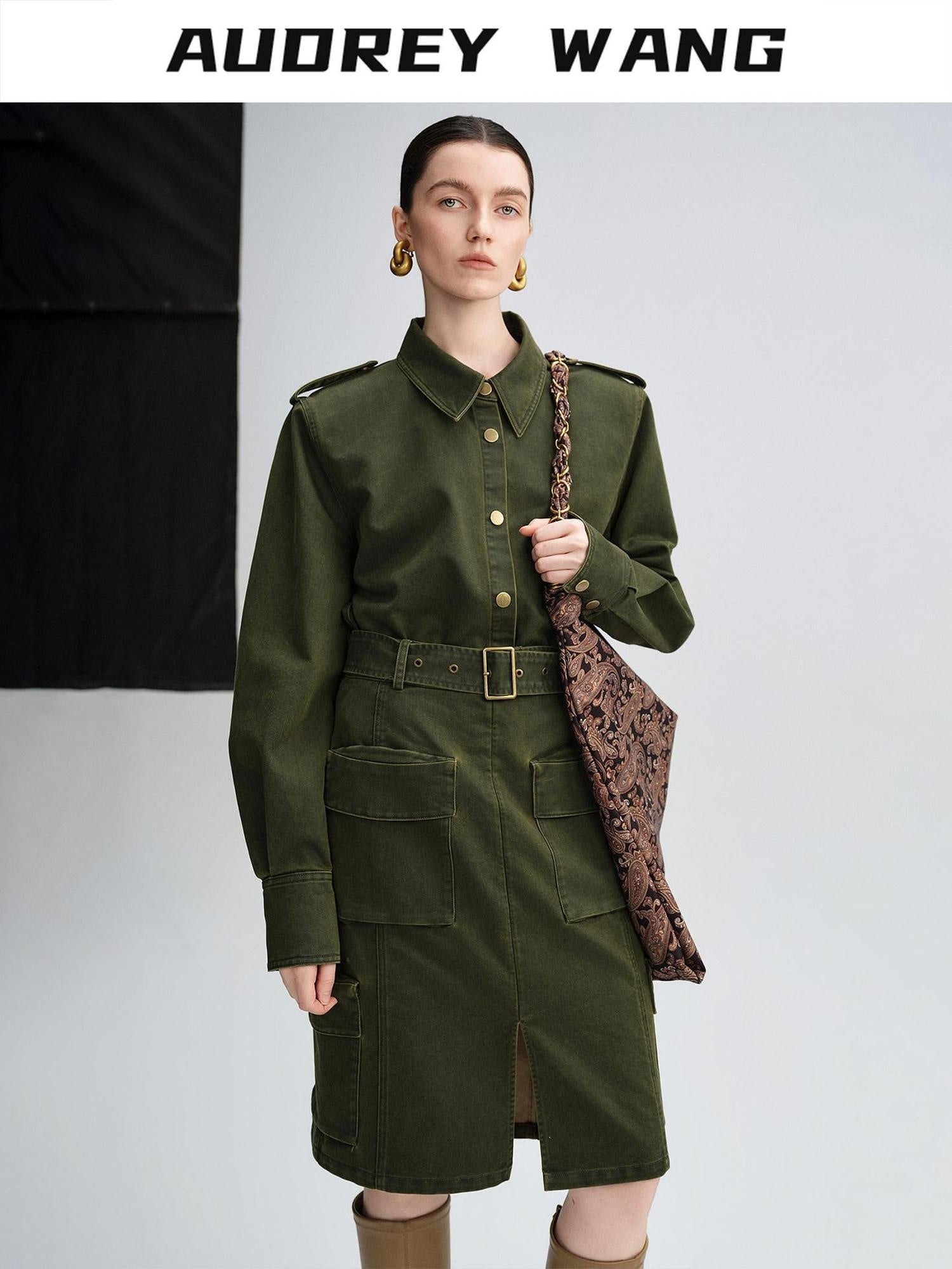 audreyyang Thick Cotton Cinched Waist Vintage Long Sleeve Army Green Top & Skirt Sets