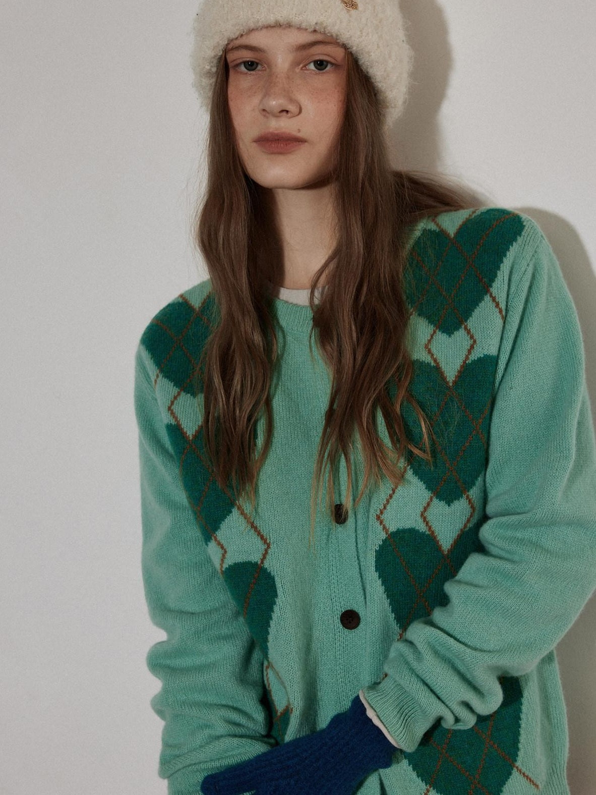 Lofi choose Soft Polyester Wool Knit Romantic Colorblock Heart Button Women Cardigans